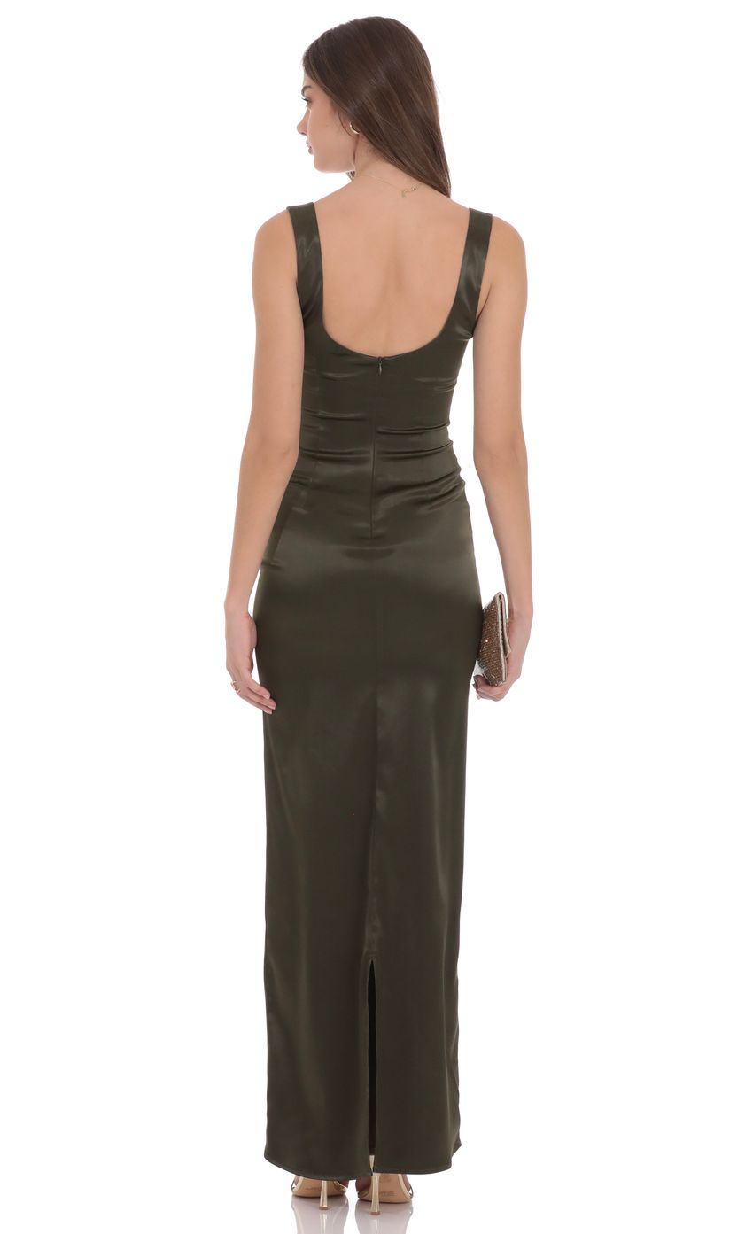 Lucy In The Sky Satin Bodycon Maxi Dress in Olive Green