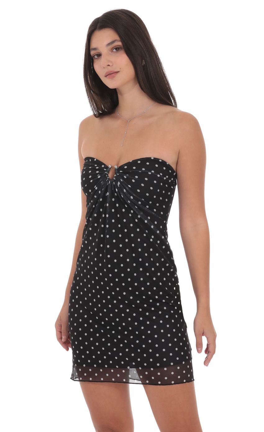 Lucy In The Sky Polka Dot Embellished Mesh Strapless Dress in Black