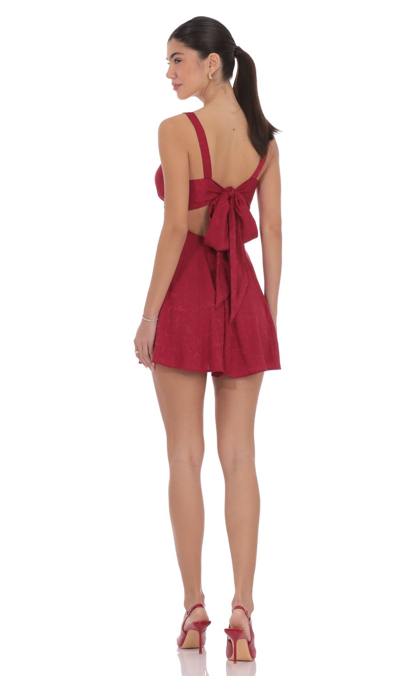Lucy In The Sky Floral Jacquard Bow Tie Dress in Maroon