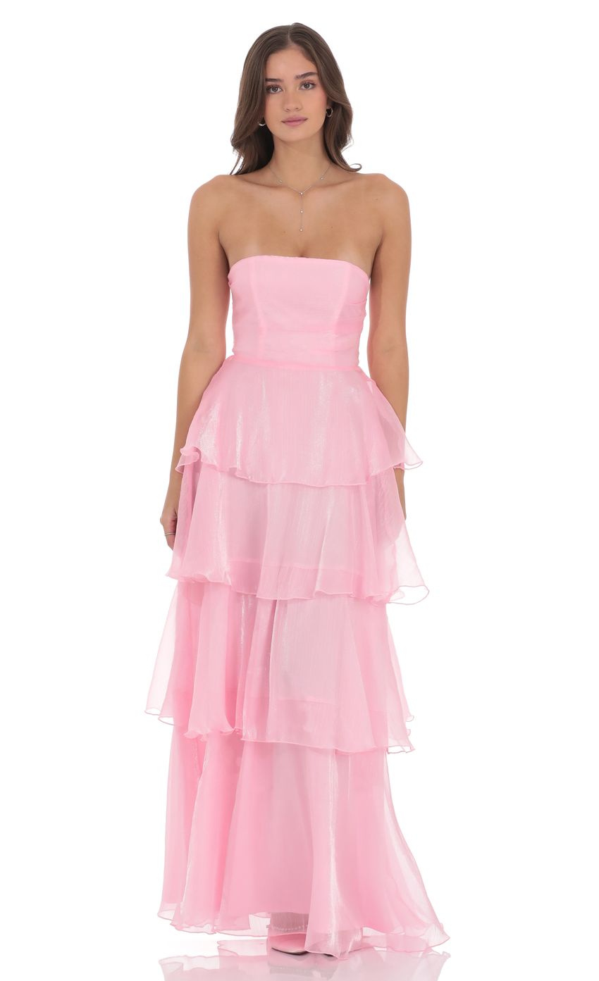 Lucy In The Sky Corset Ruffle Strapless Maxi Dress in Pink
