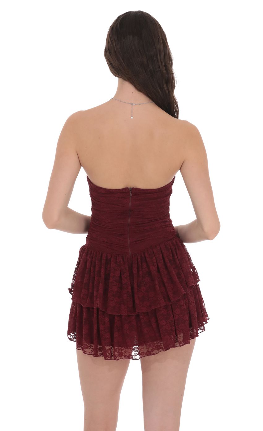 Lucy In The Sky Lace Strapless Ruched Ruffle Dress in Burgundy