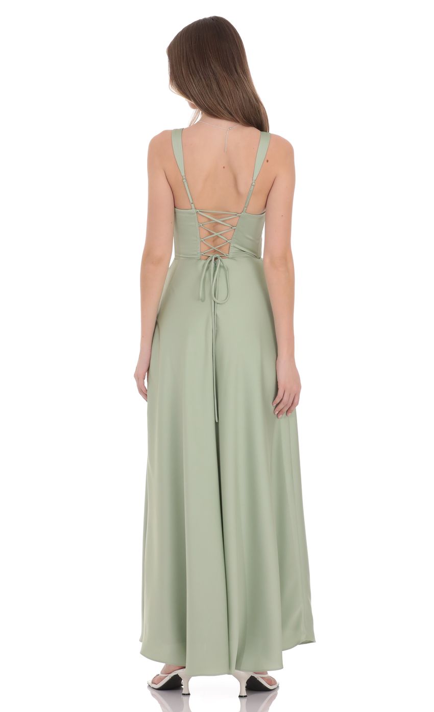 Lucy In The Sky Satin Plunge Neck Corset Maxi Dress in Sage