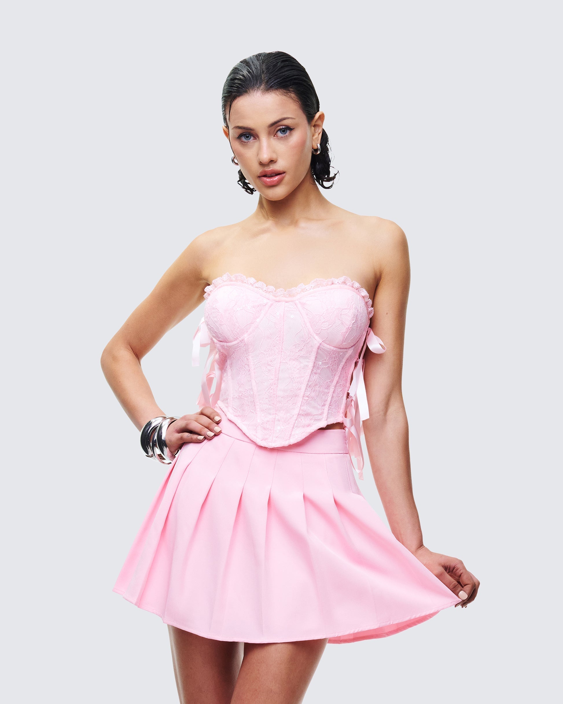 Cinday Pink Sequin Side Tie Corset