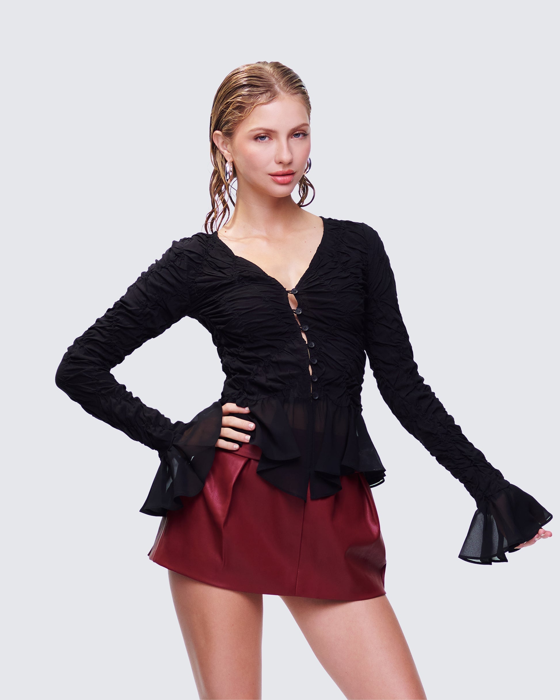 Eilis Black Texture Flute Cuff Blouse