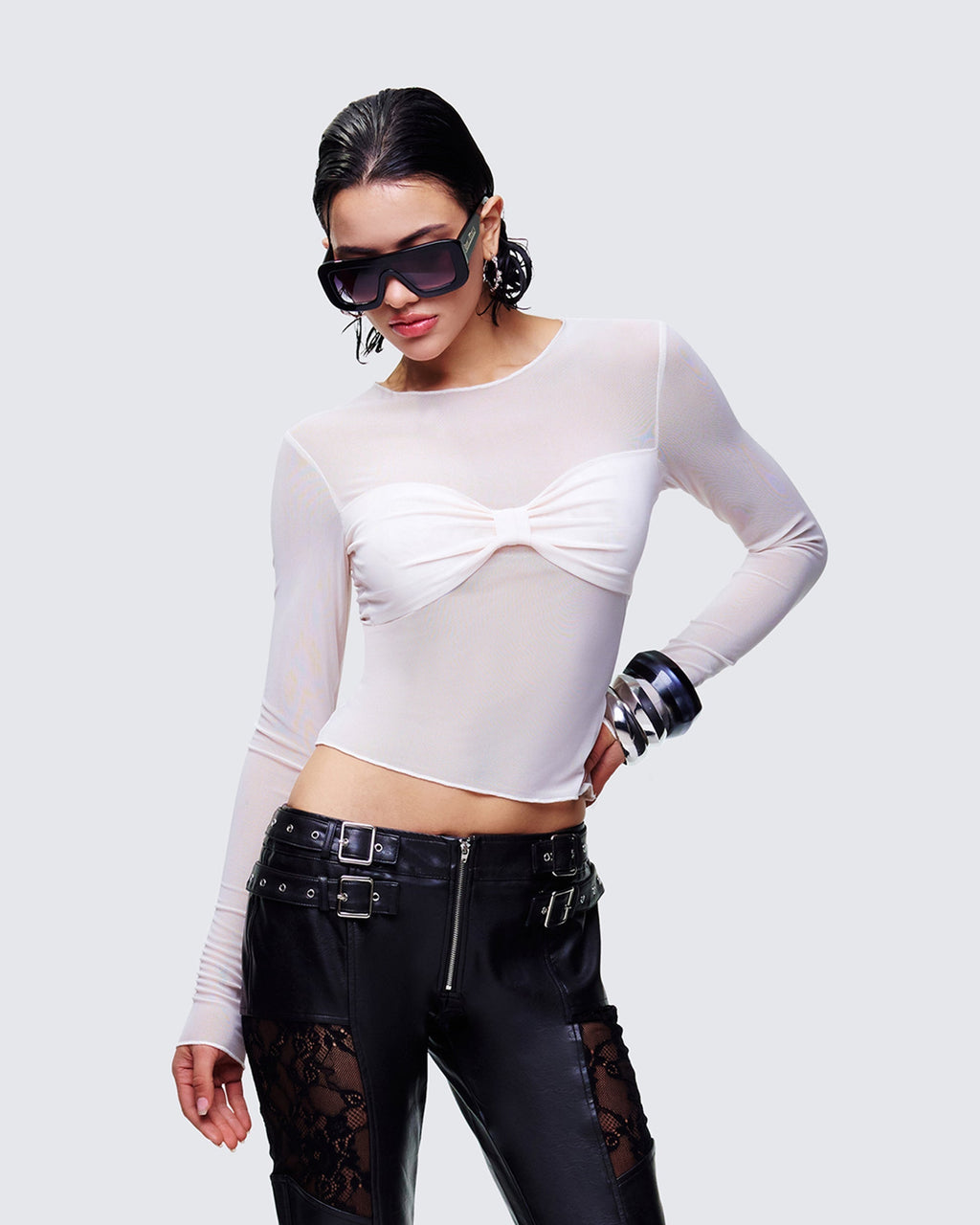 Finesse Orpheus White Mesh Long Sleeve Top