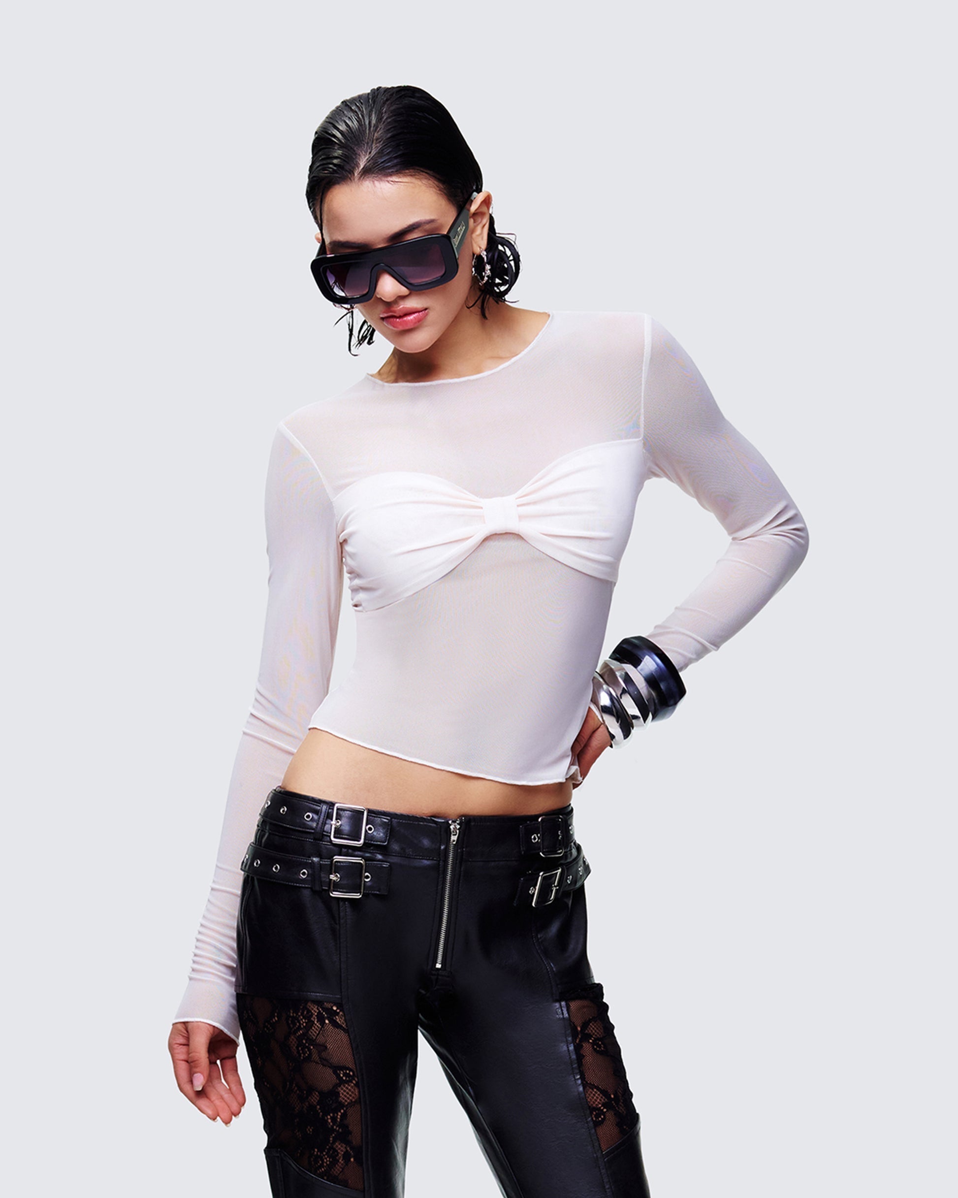Finesse Orpheus White Mesh Long Sleeve Top