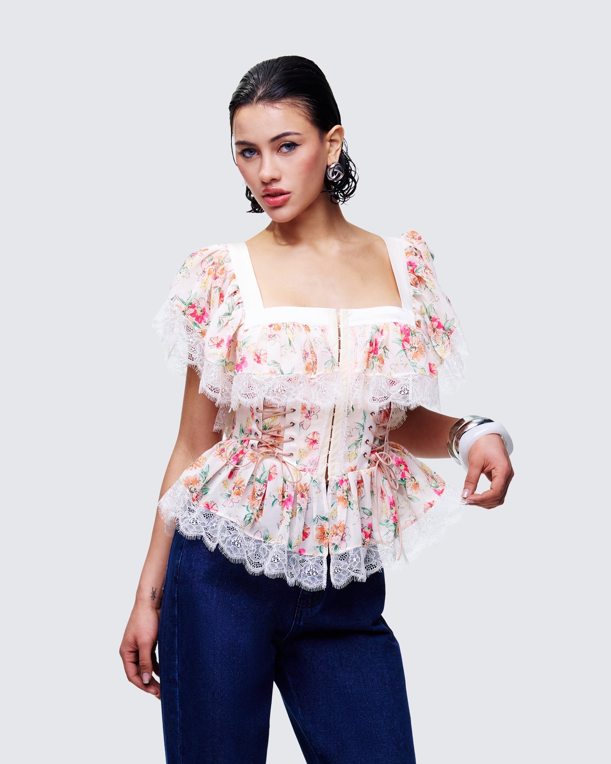 Finesse Aroa Ivory Floral Print Peplum Top