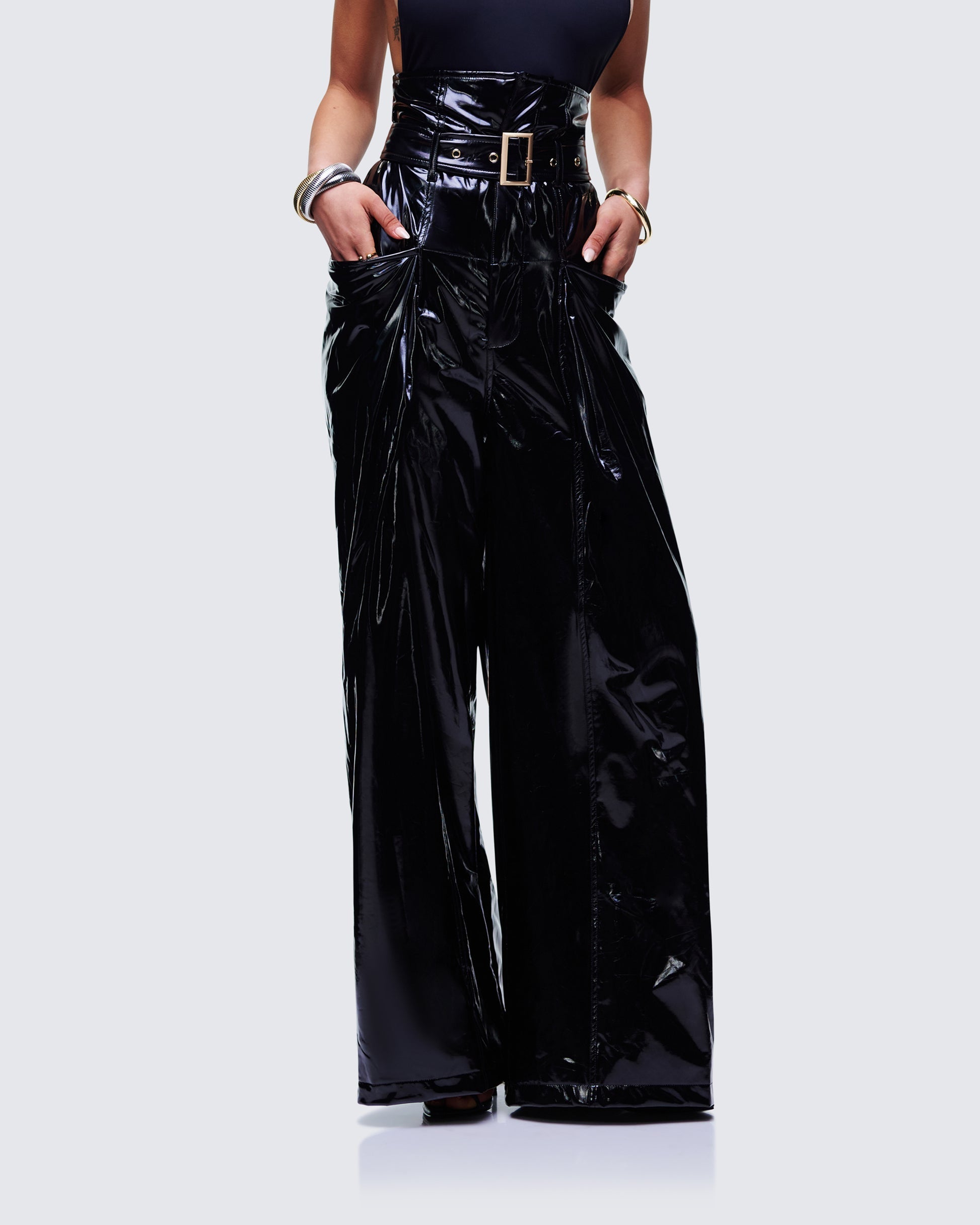 Finesse Melusine Black Vegan Leather Belted Paperbag Trousers