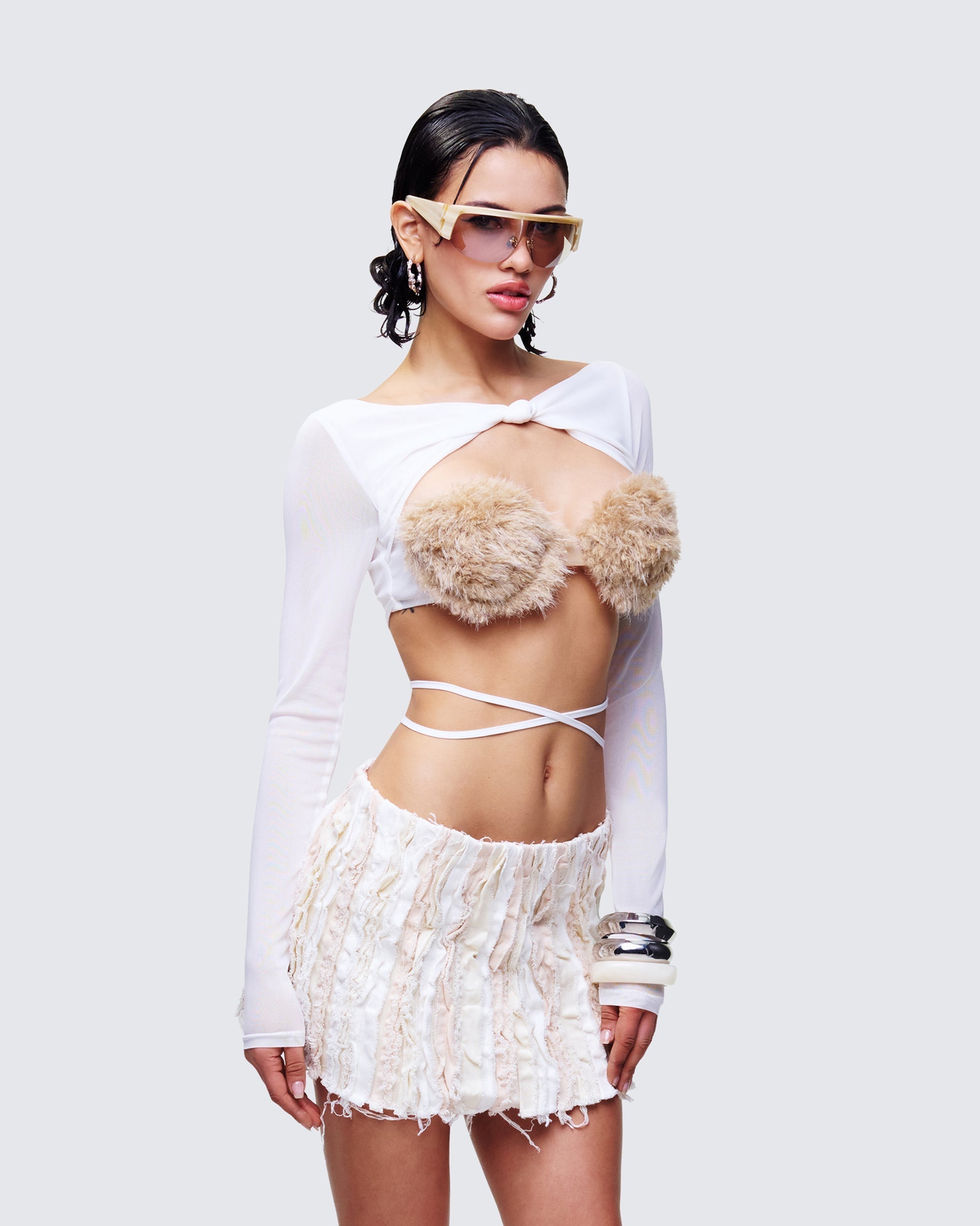 Finesse Eyra White Mesh Faux Fur Bust Wrap Top