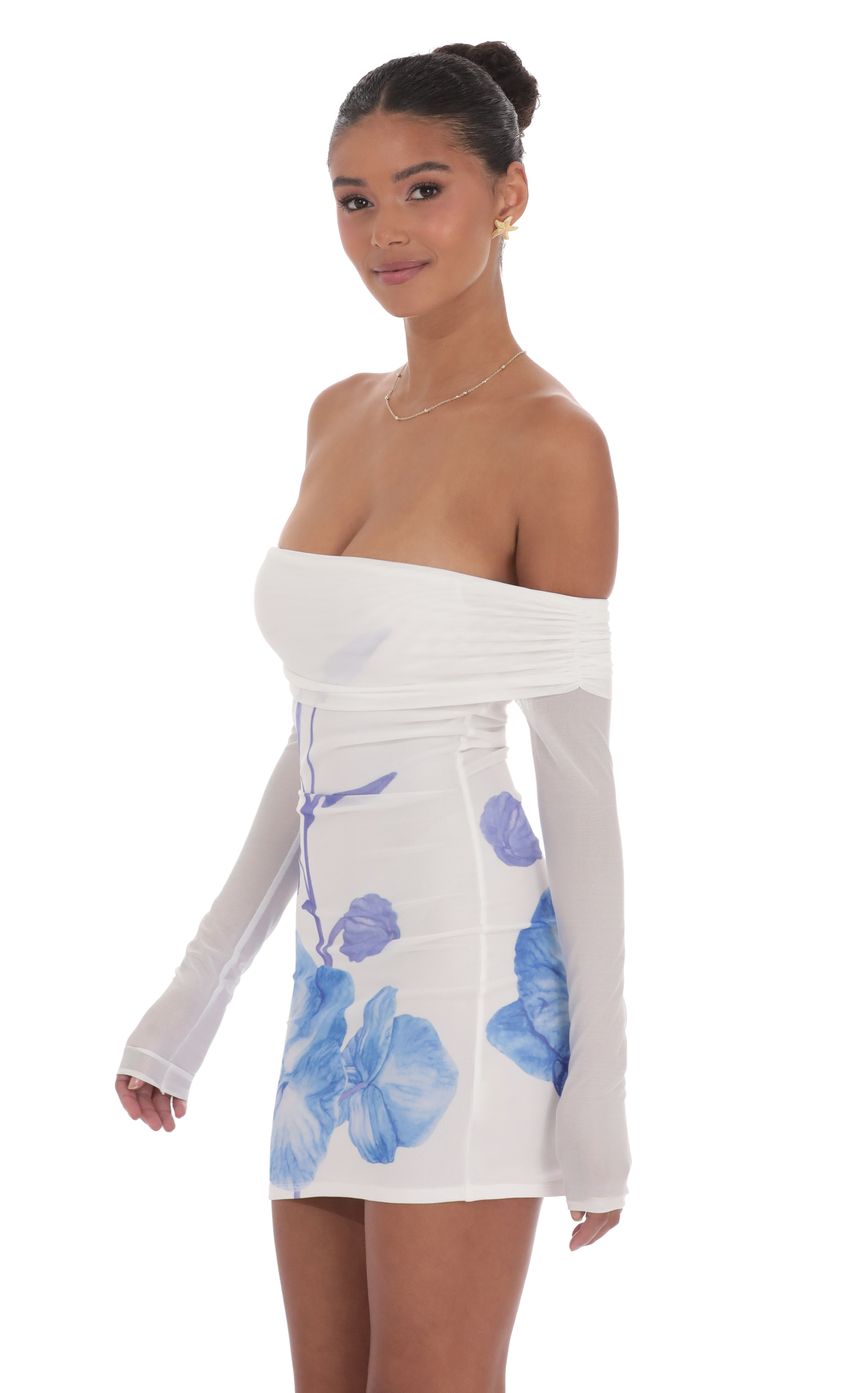 Lucy In The Sky Floral Mesh Off Shoulder Dress in White