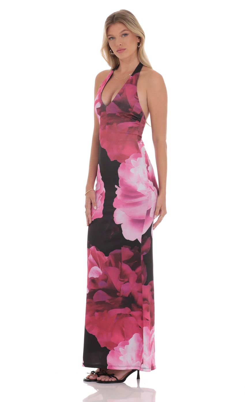 Lucy In The Sky Pink Floral Halter Maxi Dress in Black