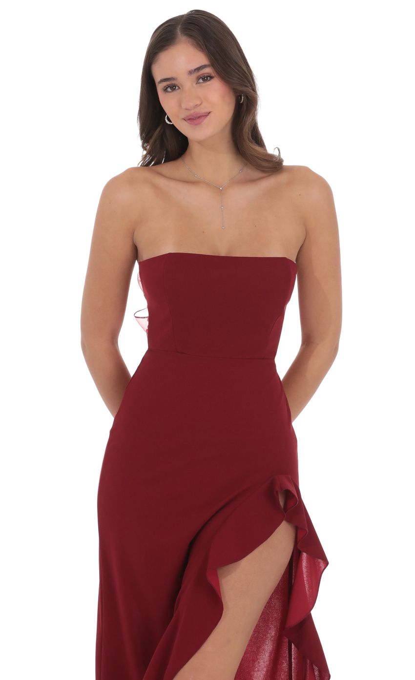 Lucy In The Sky Corset Strapless Back Bow Maxi Dress in Maroon