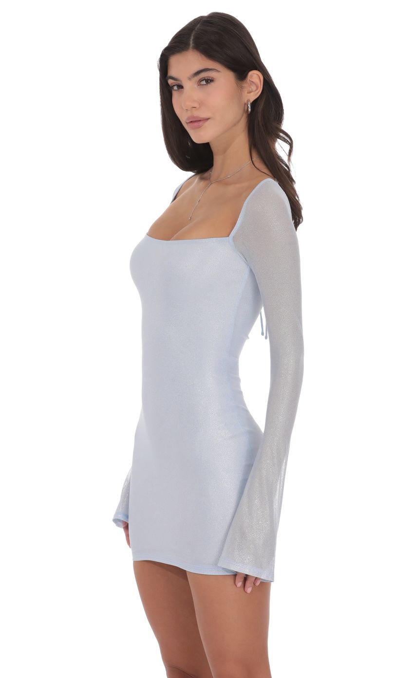 Lucy In The Sky Foil Long Sleeve Bodycon Dress in Baby Blue