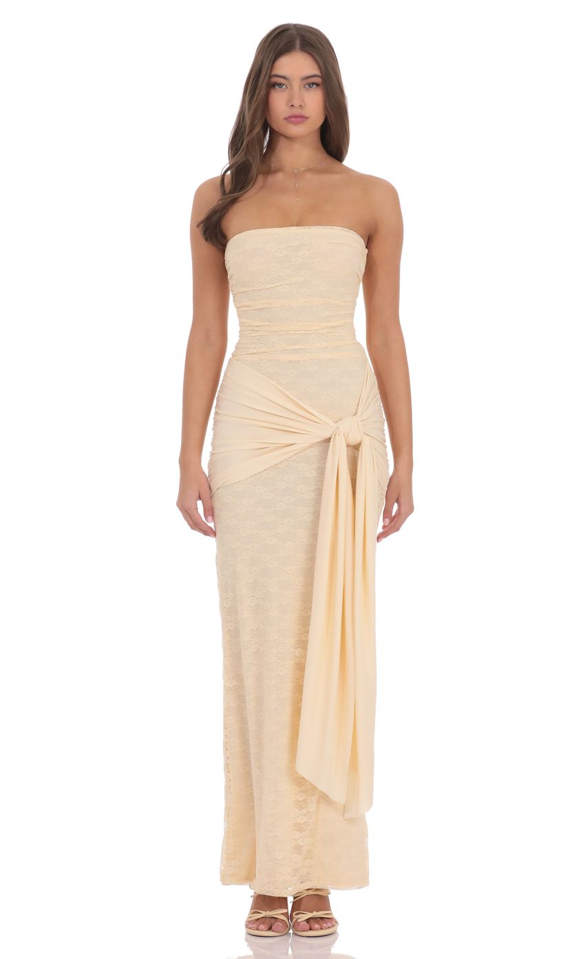 Lucy In The Sky Strapless Lace Tassel Wrap Maxi Dress in Vanilla