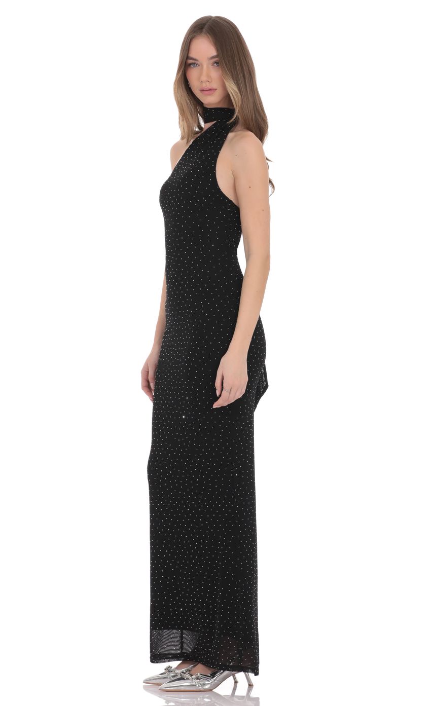 Lucy In The Sky Scarf Ribbed Rhinestone Maxi Dress in Black