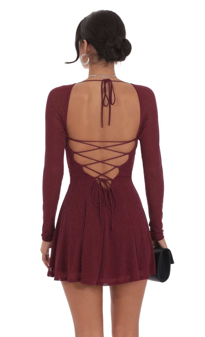 Lucy In The Sky Shimmer Draped Fit and Flare Dress in Burgundy