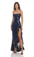 Lucy In The Sky Sequin Ruffle Dress in Navy