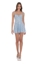 Lucy In The Sky Sequin Ruffle Strap A-Line Dress in Light Blue