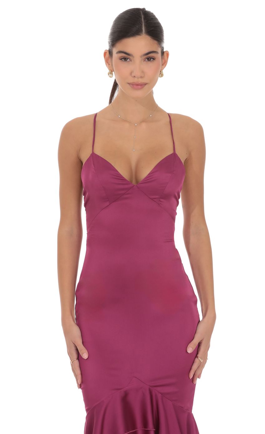 Lucy In The Sky Satin Ruffle Fishtail Maxi Dress in Magenta