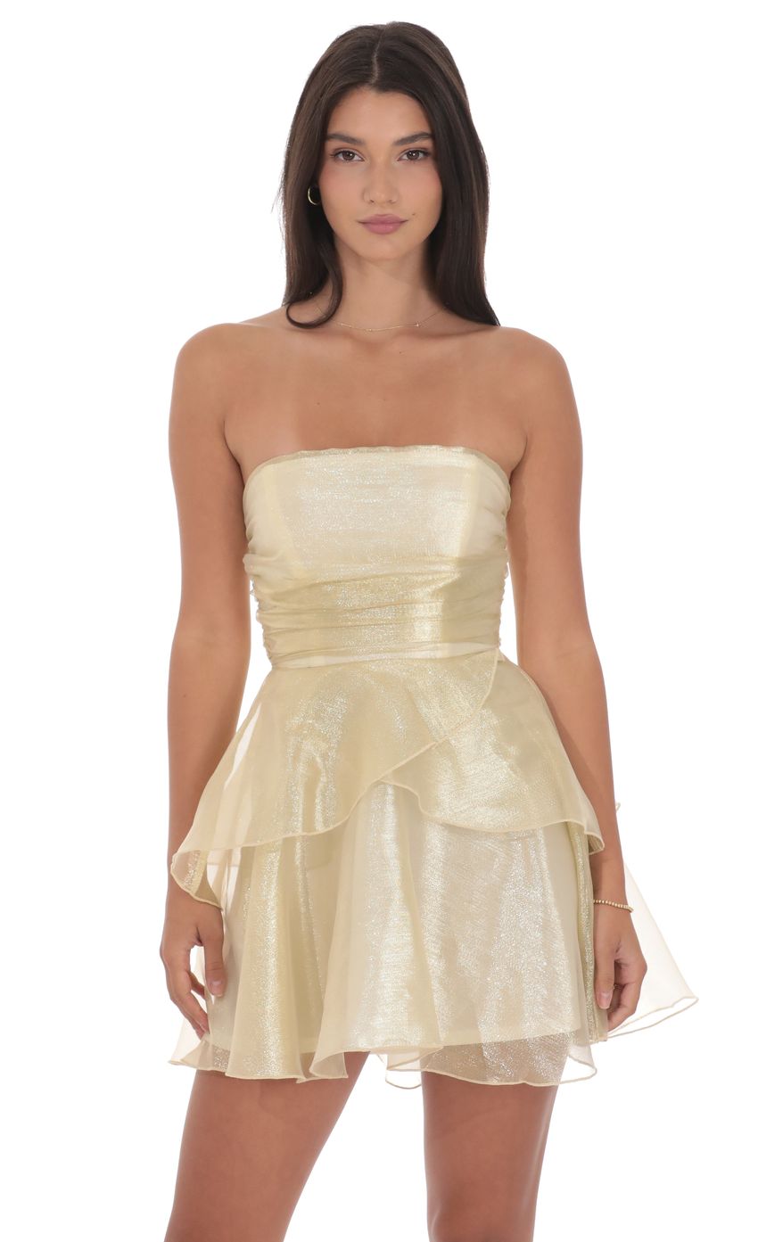 Lucy In The Sky Petal Ruffle Strapless Dress in Gold