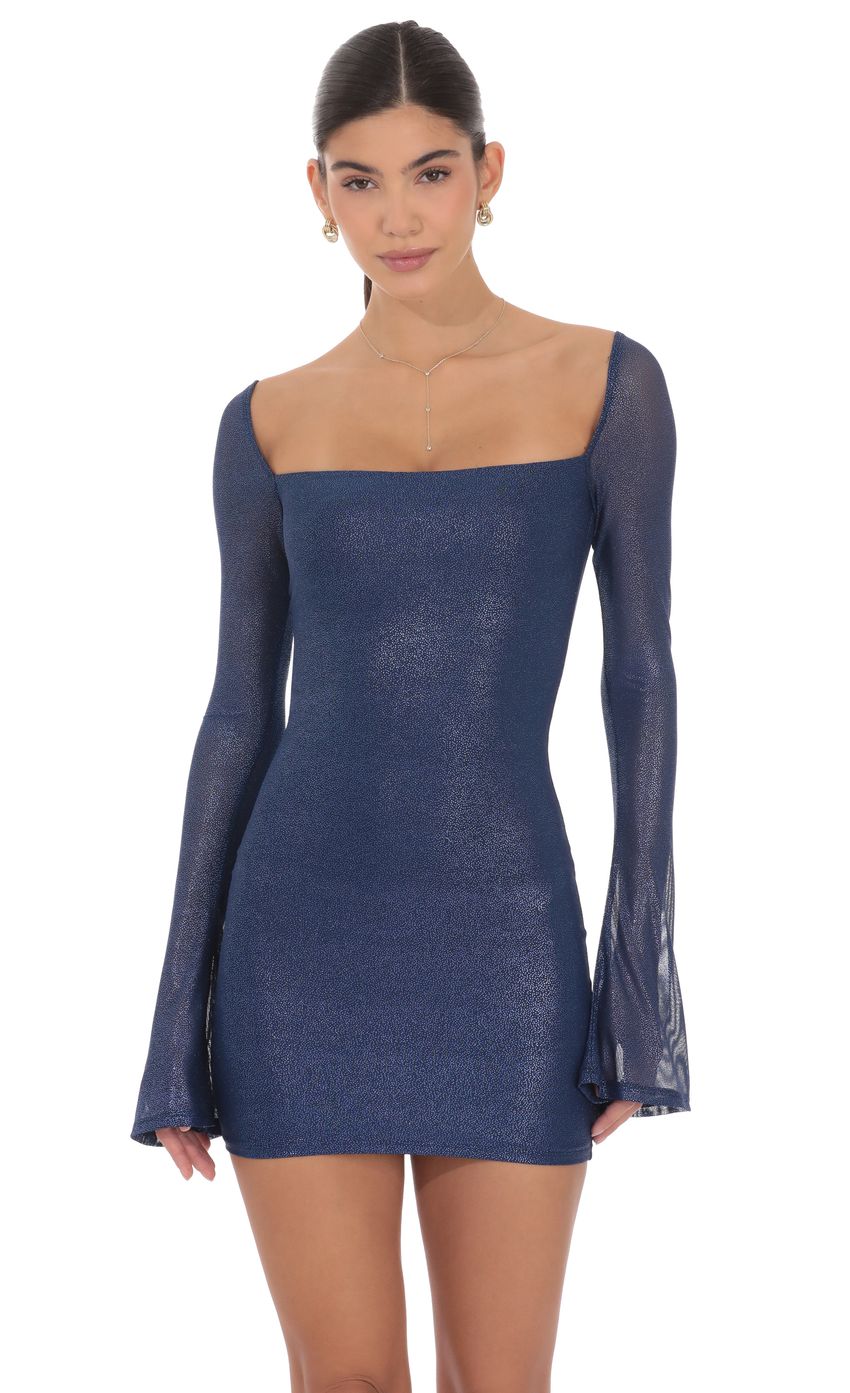 Lucy In The Sky Foil Long Sleeve Bodycon Dress in Navy