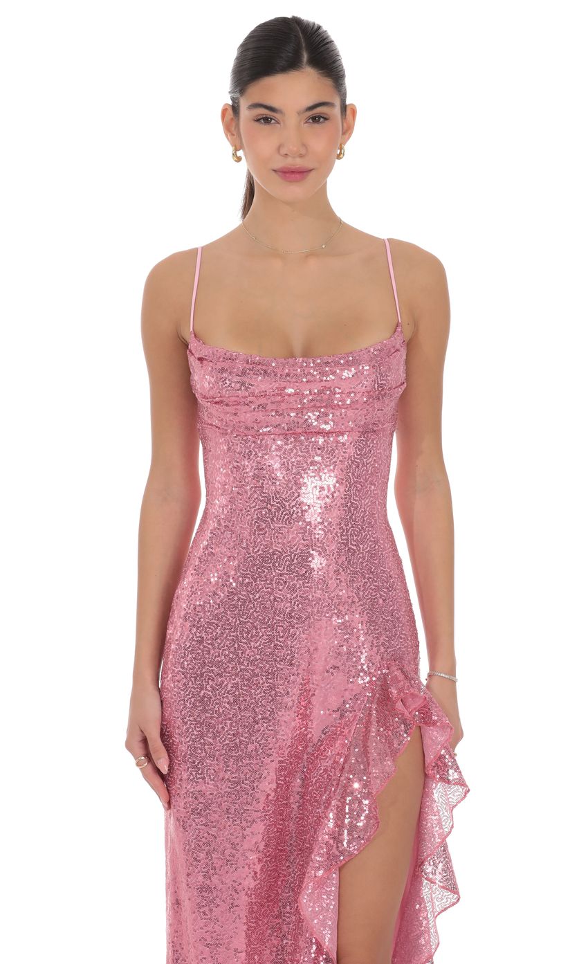 Lucy In The Sky Sequin Ruffle Maxi Dress in Pink