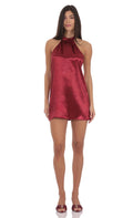 Lucy In The Sky Satin Halter Shift Dress in Maroon