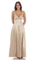 Lucy In The Sky Satin V-Neck Fit and Flare Maxi Dress in Gold