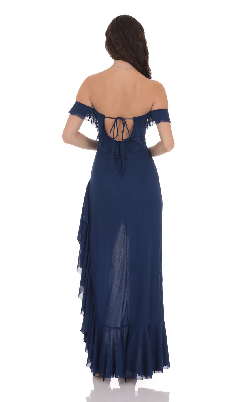 Lucy In The Sky Off Shoulder Ruffle Maxi Dress in Blue