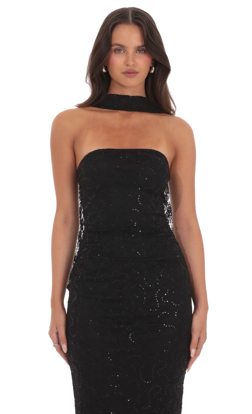 Lucy In The Sky Sequin Scarf Lace Maxi Dress in Black