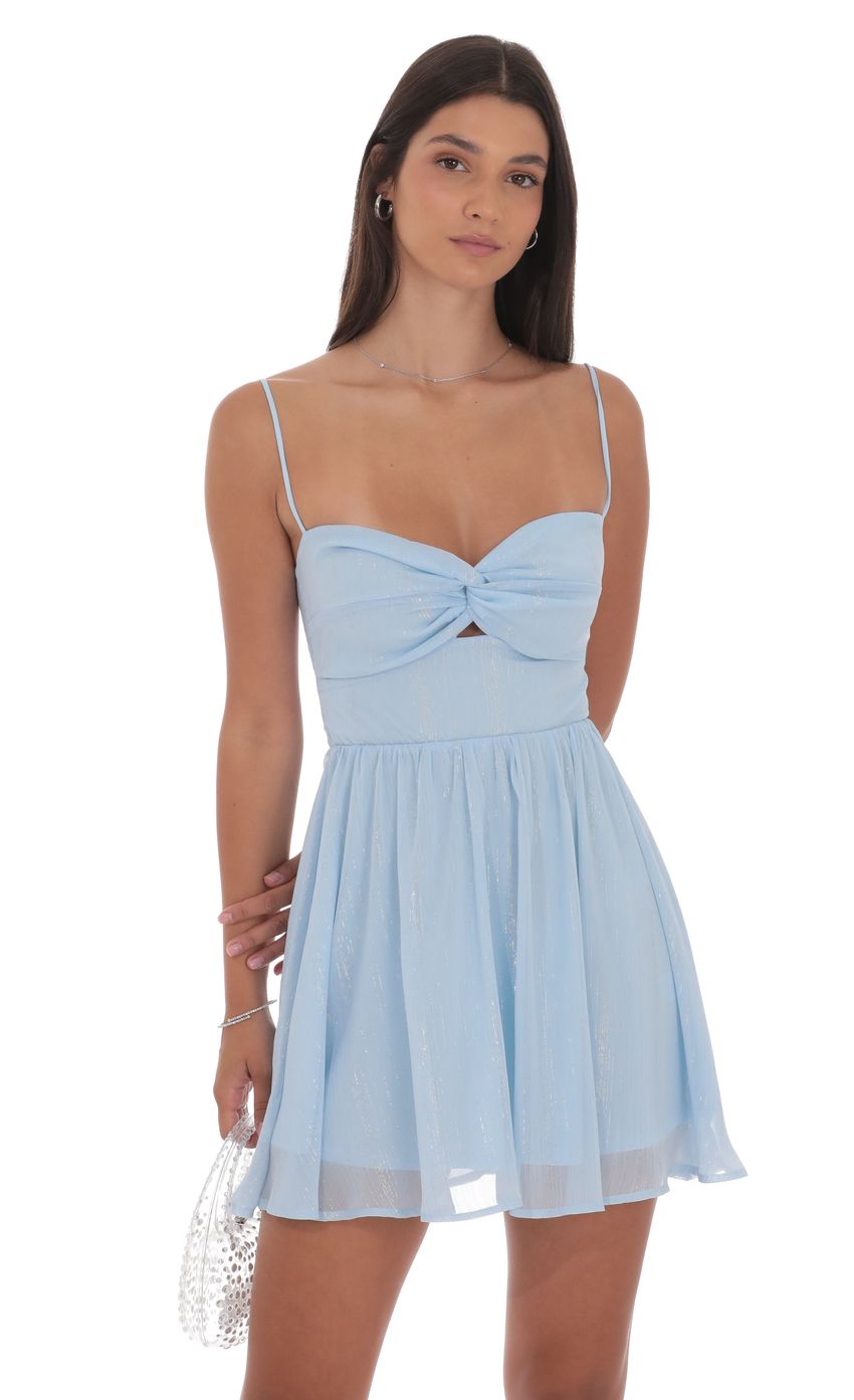 Lucy In The Sky Shimmer Front Twist A-line Dress in Light Blue
