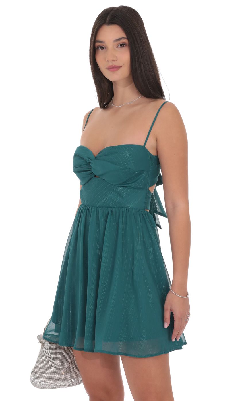 Lucy In The Sky Shimmer Front Twist A-line Dress in Teal