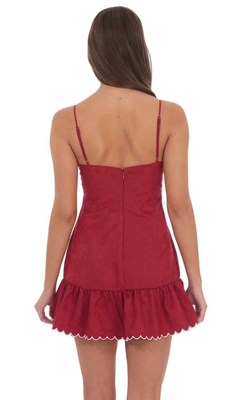 Lucy In The Sky Jacquard Scallop Ruffle Dress in Red