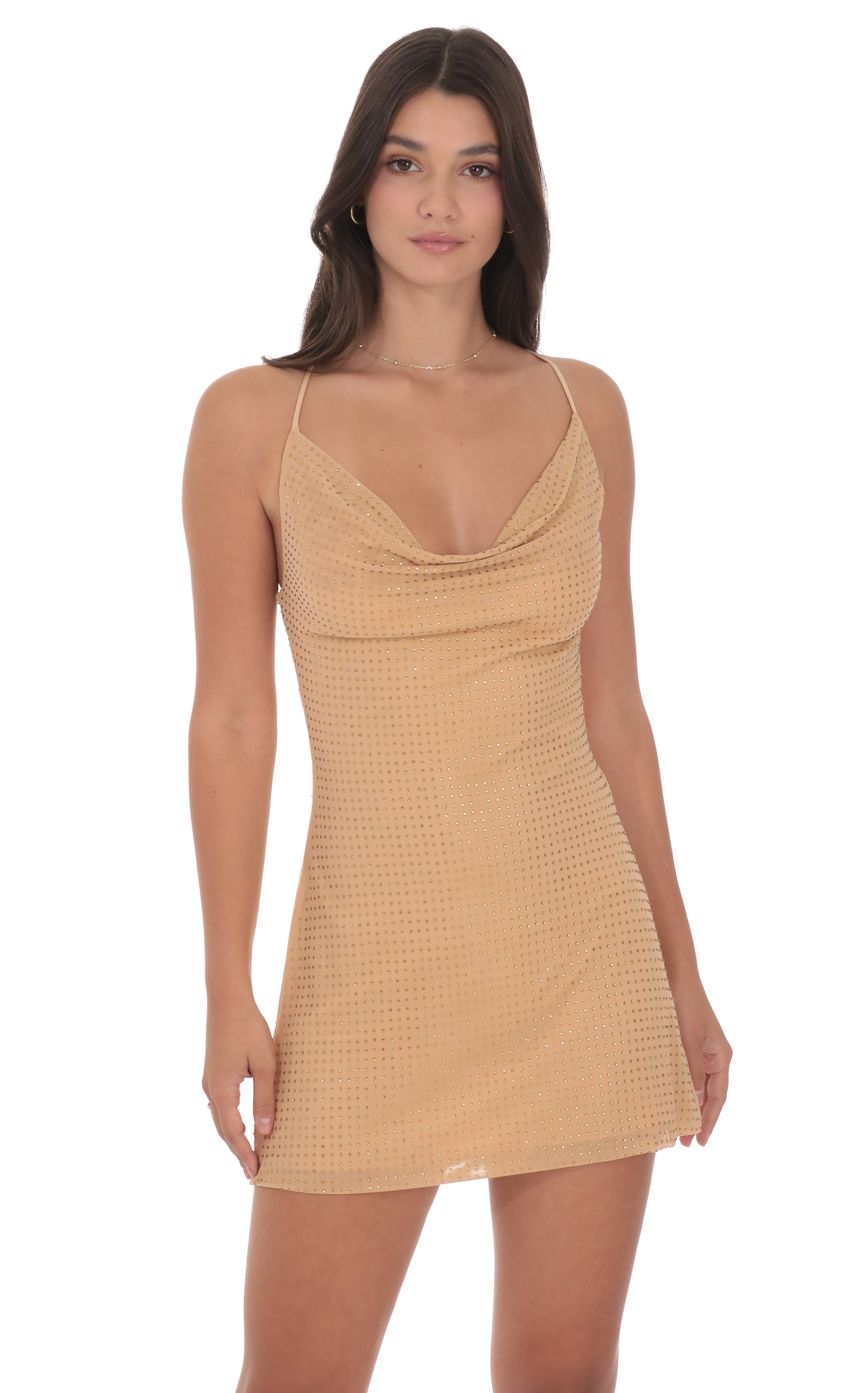 Lucy In The Sky Rhinestone Cowl Neck Dress in Beige