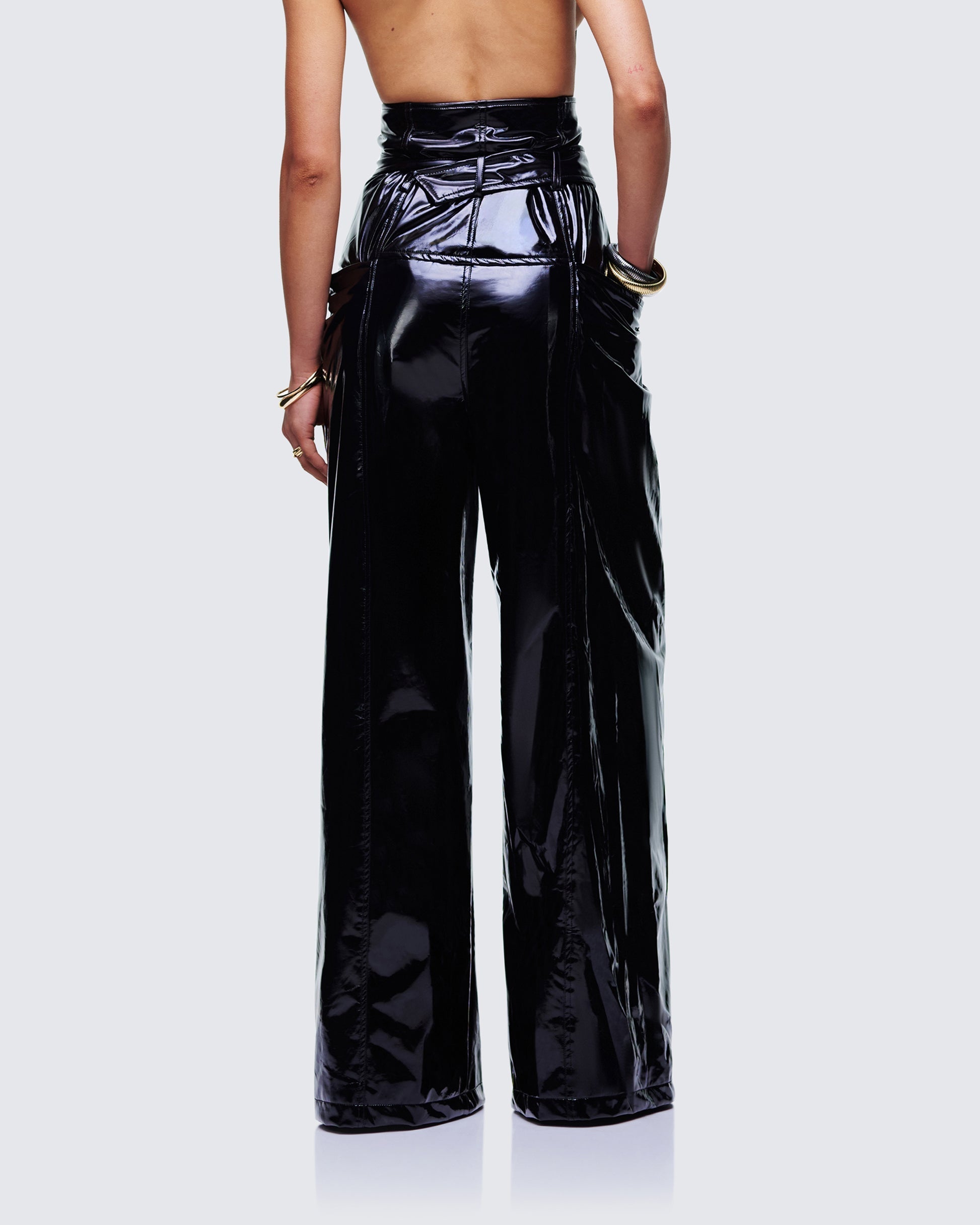 Finesse Melusine Black Vegan Leather Belted Paperbag Trousers