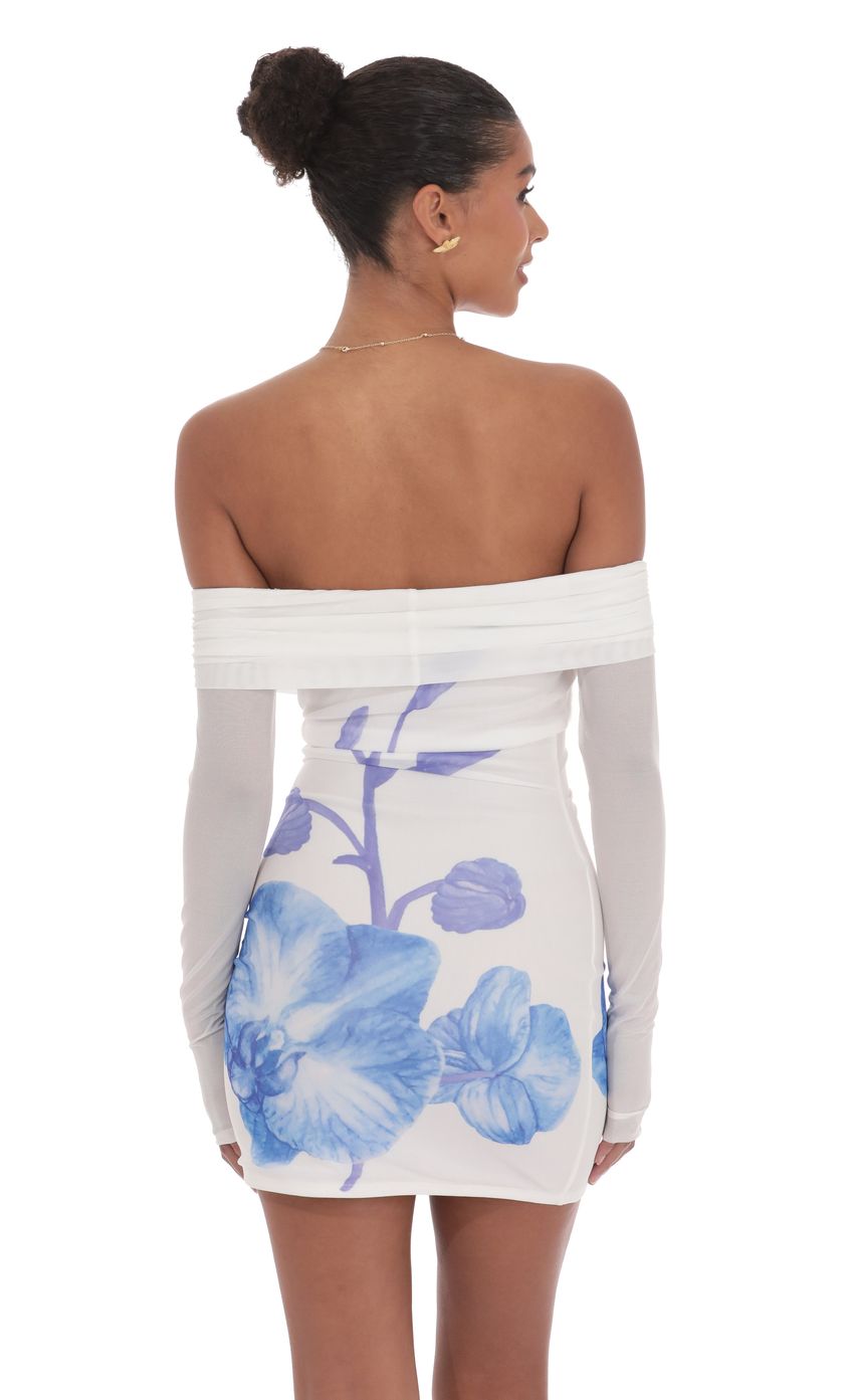 Lucy In The Sky Floral Mesh Off Shoulder Dress in White