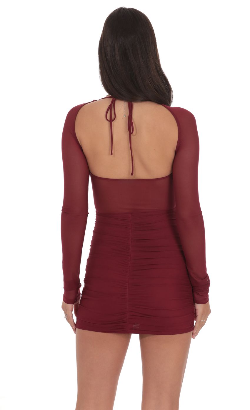 Lucy In The Sky Mesh Long Sleeve Bodycon Dress in Burgundy