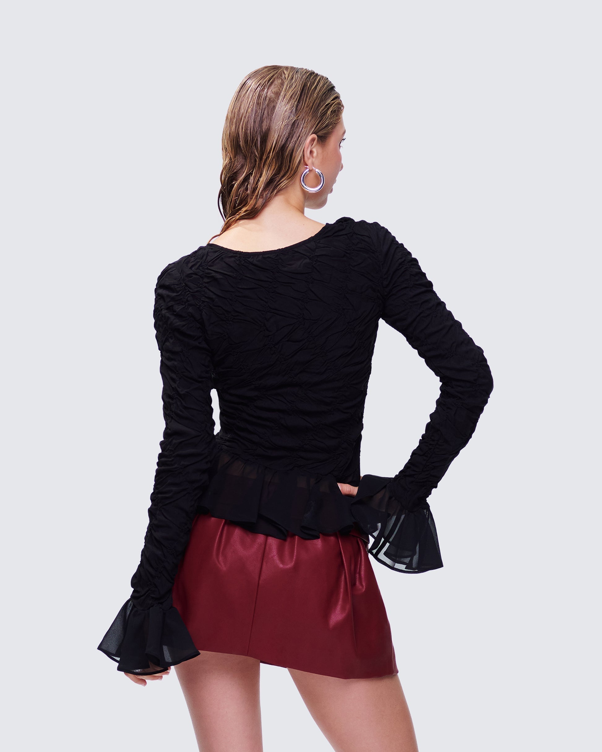 Eilis Black Texture Flute Cuff Blouse