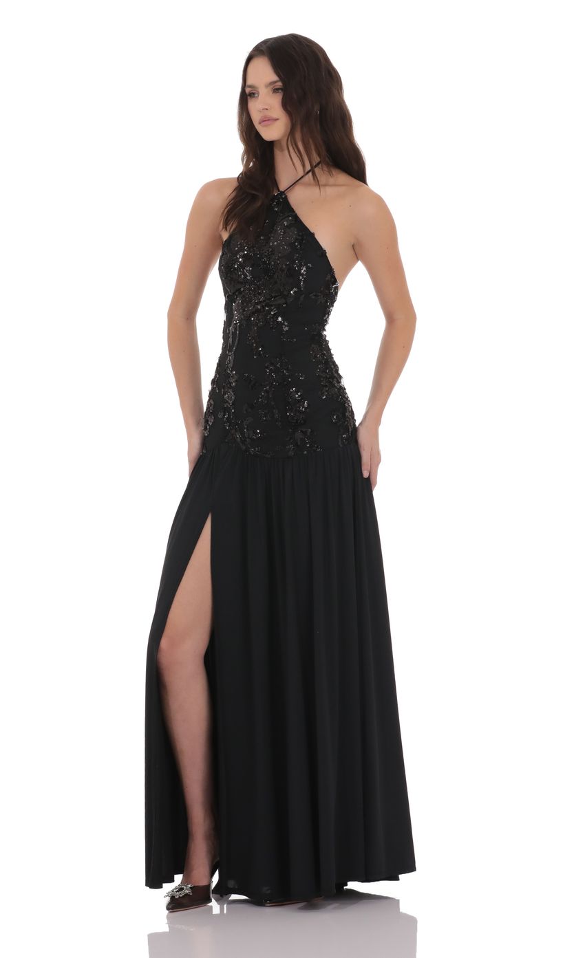 Lucy In The Sky Drop Waist Sequin Maxi Dress in Black