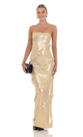 Lucy In The Sky Metallic Ruffle Strapless Maxi Dress in Gold