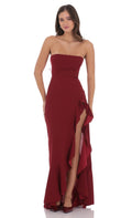 Lucy In The Sky Corset Strapless Back Bow Maxi Dress in Maroon