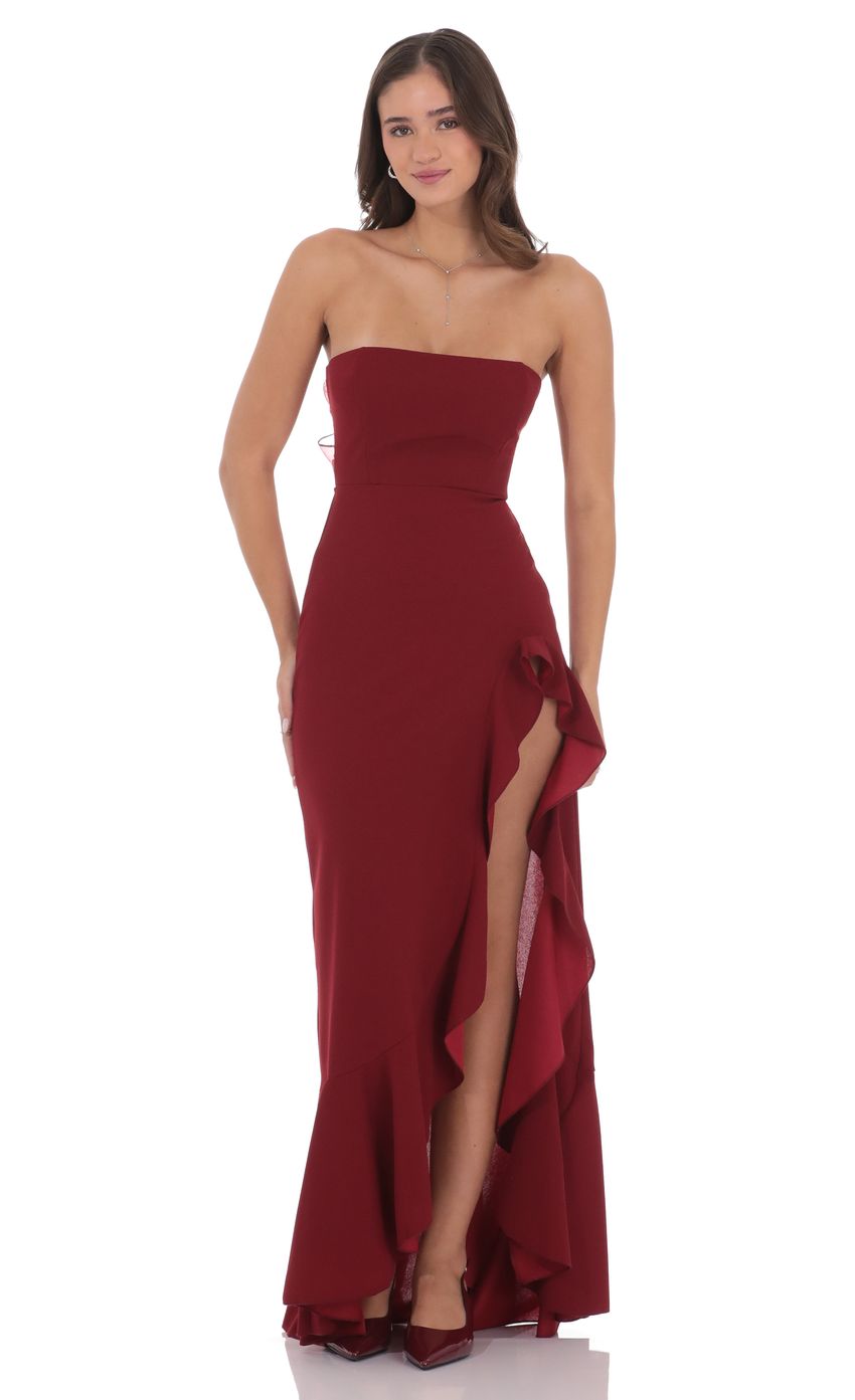 Lucy In The Sky Corset Strapless Back Bow Maxi Dress in Maroon