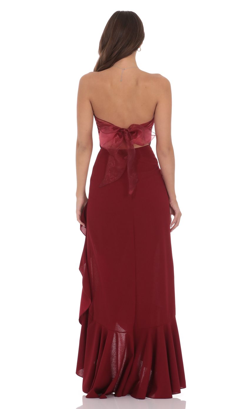 Lucy In The Sky Corset Strapless Back Bow Maxi Dress in Maroon