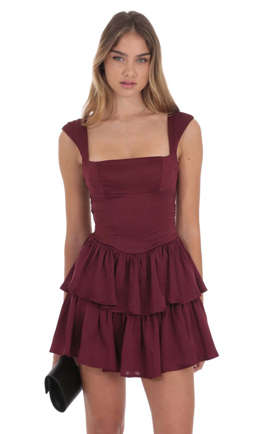 Lucy In The Sky Wide Strap Ruffle Dress in Burgundy