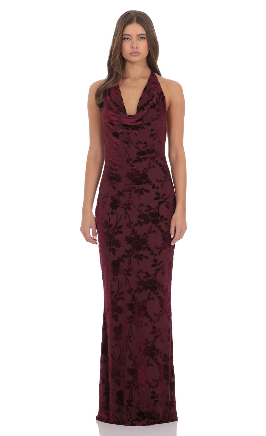 Lucy In The Sky Velvet Floral Halter Cowl Neck Maxi Dress in Plum