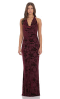 Lucy In The Sky Velvet Floral Halter Cowl Neck Maxi Dress in Plum