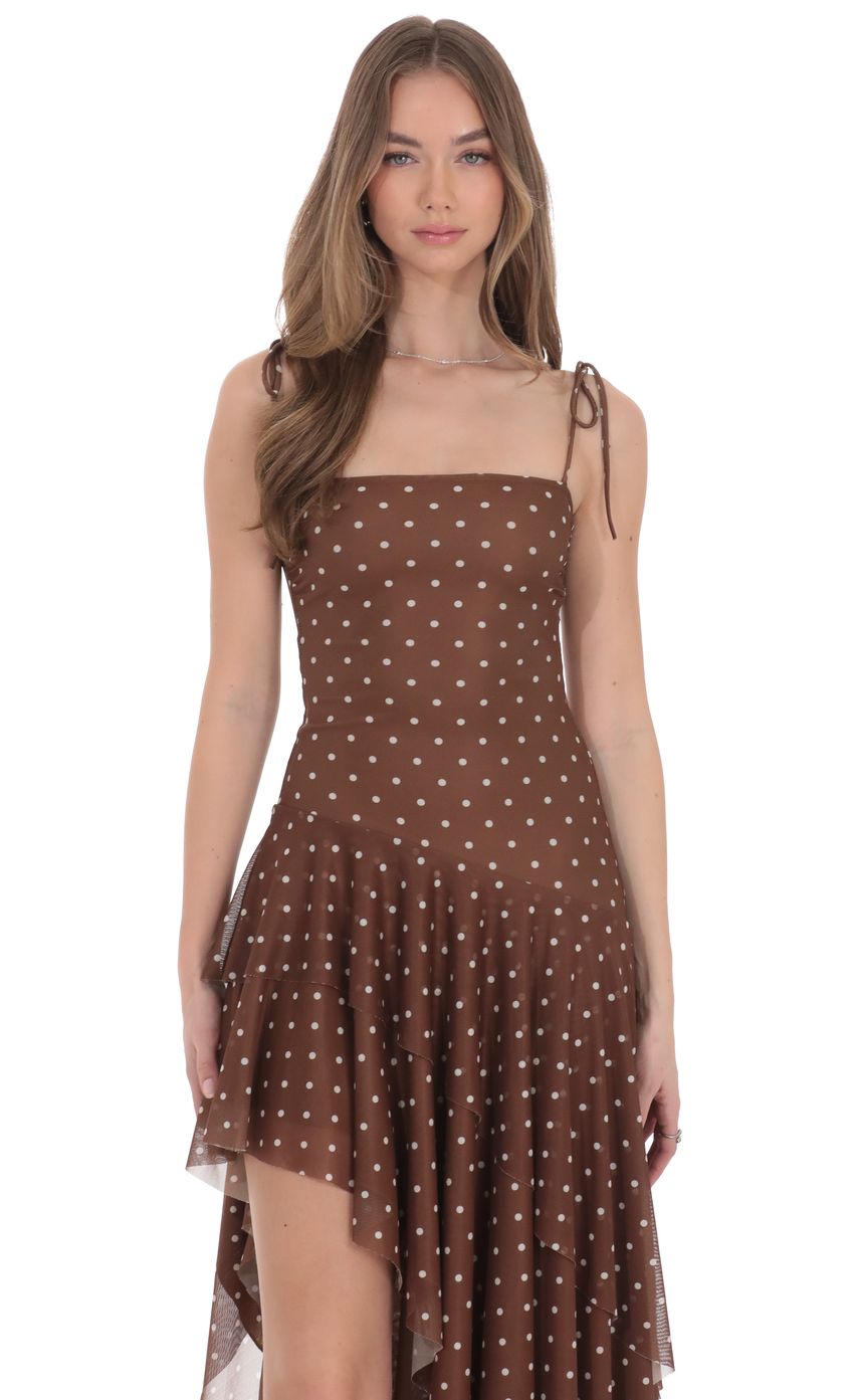 Lucy In The Sky Polka Dot Asymmetrical Maxi Dress in Brown