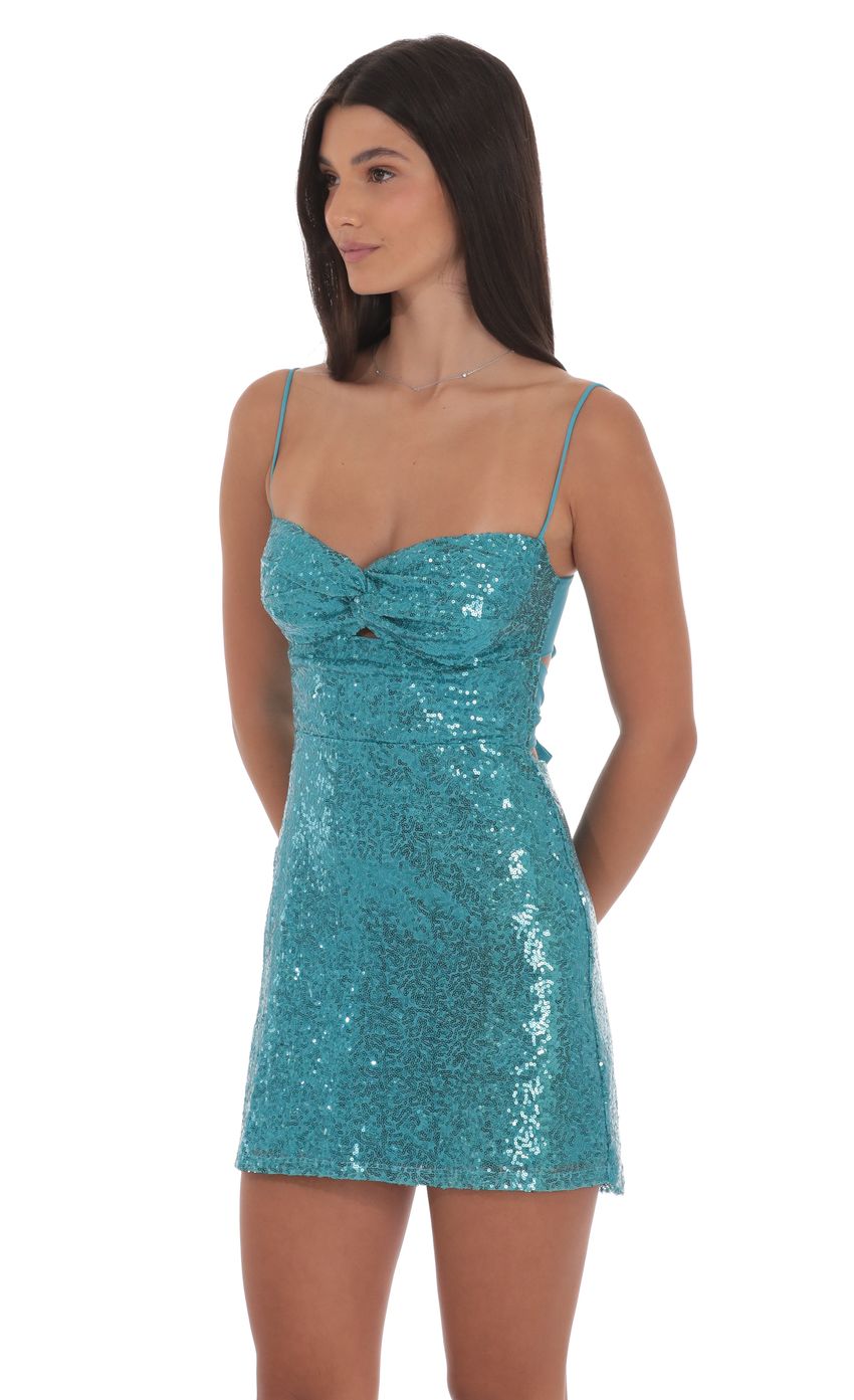 Lucy In The Sky Sequin Front Twist Bodycon Dress in Aqua