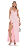 Lucy In The Sky Ruffle V-Neck Maxi Dress in Pink