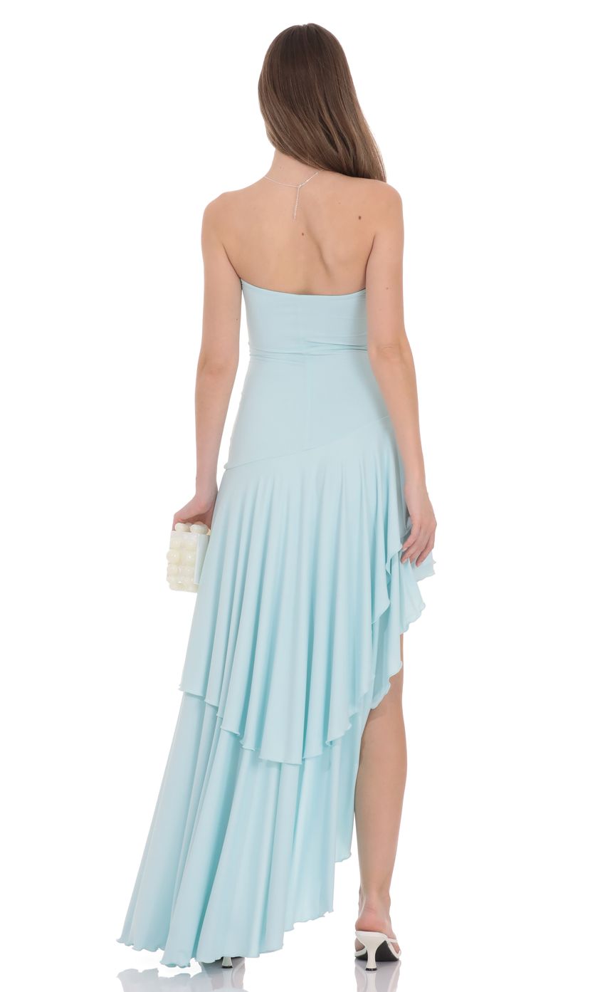 Lucy In The Sky Strapless Ruffle Asymmetrical Maxi Dress in Mint